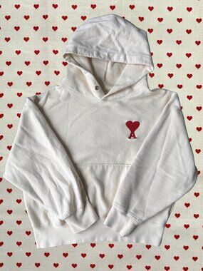 AMI Paris Red Heart Logo Hoodie Cream White Authentic Designer Hoodie